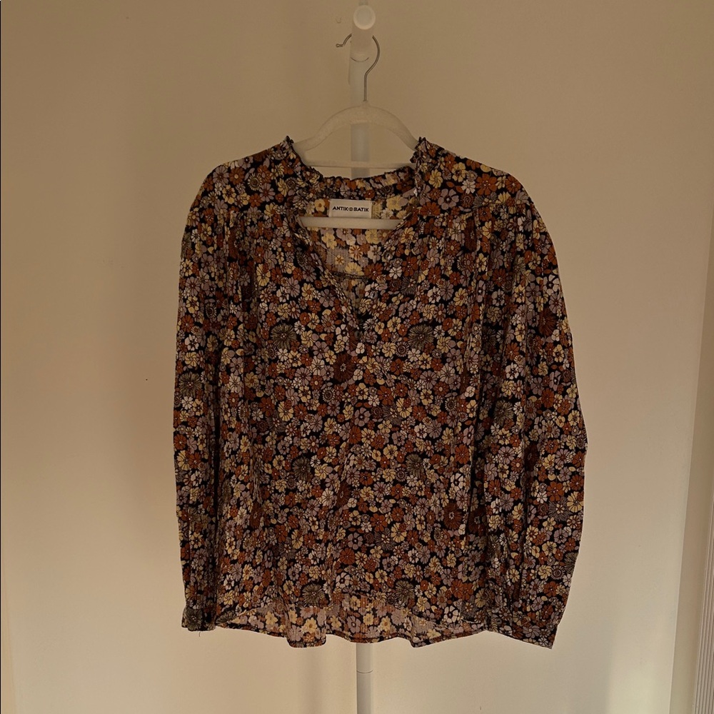 Antik Batik Brown Floral Peasant Blouse with Cream and Orange Accents